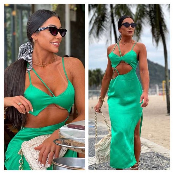 ZARA K Green Satin Effect Cut Out ASYMMETRIC SATIN-FINISH DRESS GREEN MIDI DRESS - Picture 1 of 10